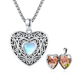 Vine Heart Shaped Locket Necklace 925 Sterling Silver Photo Locket Necklace That Holds 2 Pictures Vintage Oxidized Moonstone Filigree Pendant Jewelry Memory Gifts for Women Men-Filigree Pattern