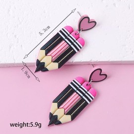Zhang shine Teacher Earrings Cute Funny Hot Pink Pencil Acrylic Dangle Drop Earrings For Women Back To School Student Teacher Appreciation Day Jewelry