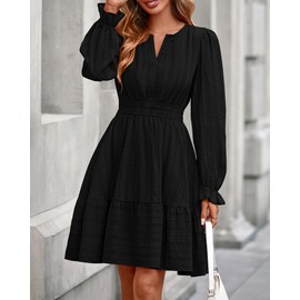 BTFBM Mini Dresses for Women 2025 Casual Lightweight Long Sleeve V Neck A Line Elastic Waist Party Holiday Dress(Black, Large)