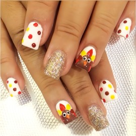 24Pcs Fall Thanksgiving Day Turkey Press on Nails Short Square Fake Nails Gold Glitter Full Cover Artificial Thanksgiving Nails Autumn Polka Dots Design Glue on Nail Glossy Acrylic Nails for Women