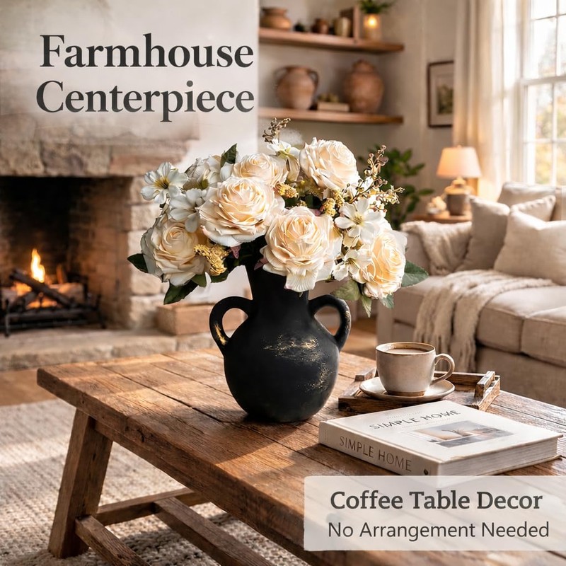 Artificial Flowers with Vase, Faux Rose Centerpiece in Terracotta, 15