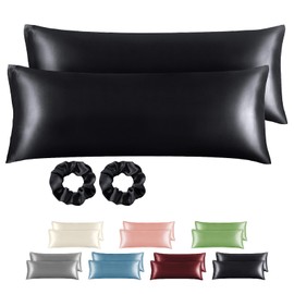 BEDELITE Pack of 2 satin cushion covers, 40 x 145 cm, black, 2 satin pillowcases with 2 hair ties, soft as silk pillowcase, better care than silk pillose case