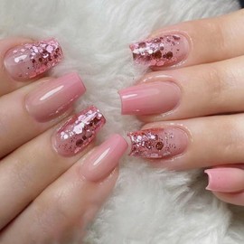 24Pcs Square Press on Nails Coffin Medium French Simple Nude Pink Gradient Sequins Design Fake False Nails Glossy Acrylic Nails Full Cover Glue on Nails for Women W1217