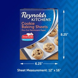 Reynolds Kitchens Cookie Baking Sheets, Pre-Cut Baking Parchment Paper Sheets for Cookies, Oven-Safe up to 425 Degrees, Reusable Up to 3X, No-Mess Cleanup, 12 in x 16 in, 22 Count
