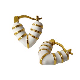 Golden & White Enamel Heart Hugging Hoop Earrings