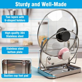 YJREW 304 Pot Lid Organizer & Spoon Rest, Pot Lid Holder Storage Rack for Kitchen Countertop, Multifunctional Stove Top Pot Cover Stand While Cooking