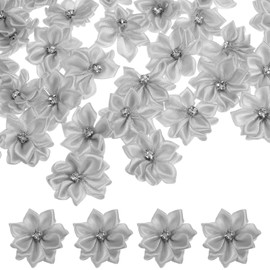 M METERXITY 100-Pack Satin Ribbon Flowers, 1.2 Inch Mini Fabric Flowers with Rhinestones Flower Ribbon Appliques for Crafts DIY/Wedding/Ornament/Party/Home [Light Gray]