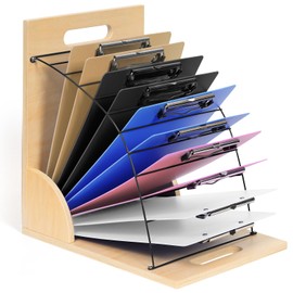Gamenote Wooden Black Clipboard Organizer, 12-Slot Storage Holder, Desktop File Organizer with Handles, 10 x 13 x 13 inches, Multi-colorClipboard with Storage