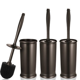 Toilet Bowl Brush Holder Set: Classic Round Bristle Head Deep Cleaning Cleaner Scrubber with Tall Caddy for Restroom - Home Bathroom Decor Accessories - Bronze 3 Pack
