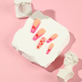 Heart Press on Nails Long Coffin Valentines Fake Nails, Pink French Red Hearts Lips Design Frosted Acrylic Nails Kit, False Nails New Year Fashion Nail Decorations 24 Pcs