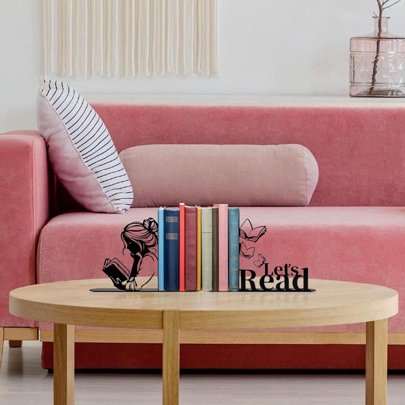 Metal Girl Reading Book Bookends，Lets Read Bookends for Shelves Bookshelf