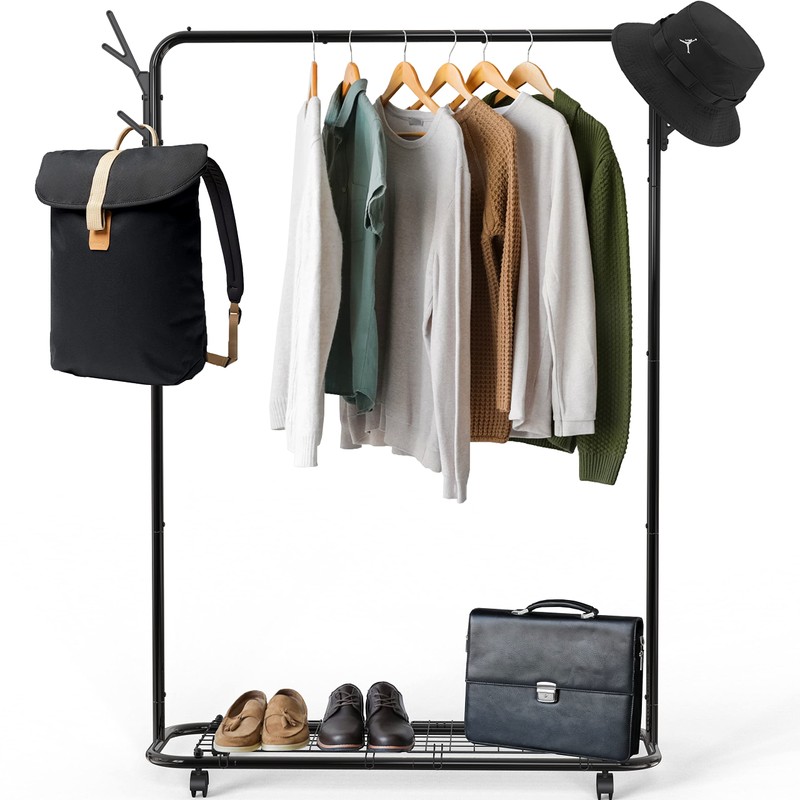 Simple Houseware Industrial Style Garment Rack With Wheels And Hooks,