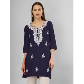 Ladyline Chikan Embroidered Rayon Tunic Top for Women - Chikankari Work Ethnic Short Kurti Blouse Shirt (REK LLAM) (42/ Navy)