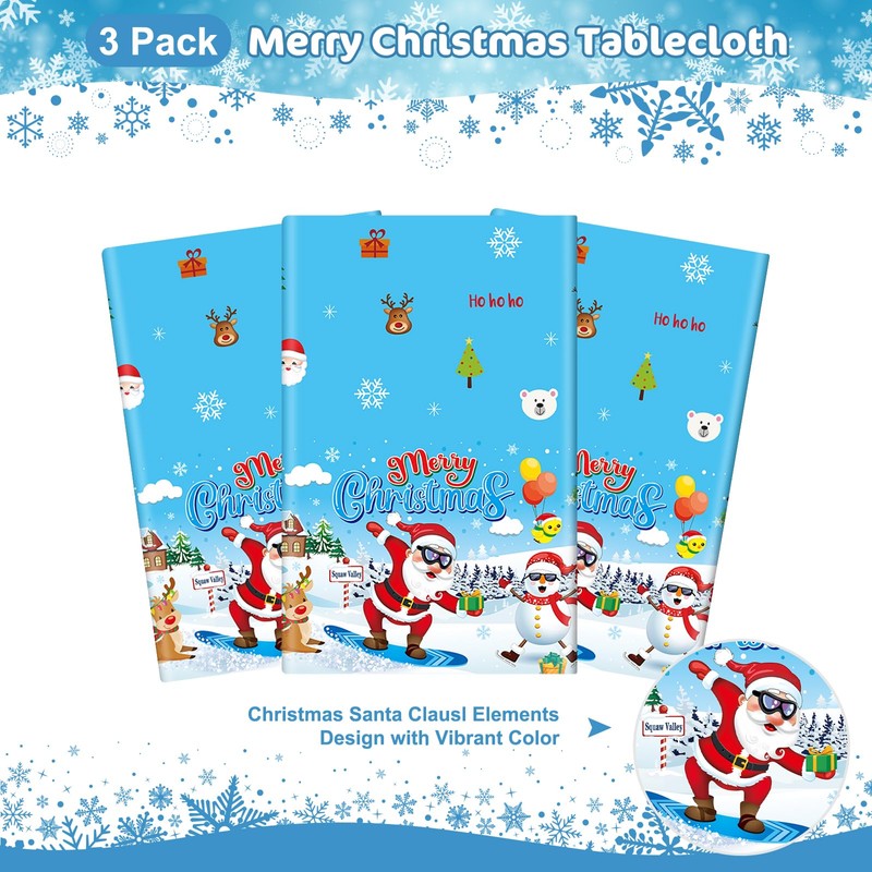 PERFQU 3 Pcs Merry Christmas Tablecloth - Xmas Cool Santa