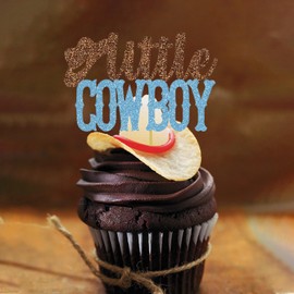 Cowboy Cupcake Toppers Western Baby Shower Decoration Glitter Little Cowboy Theme Food Picks 24 Pcs Blue