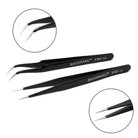 NAGARAKU Tweezers for eyelash extensions straight and curved Individual Mega volume eyelashes Easy Fanning Cluster tweezers stainless steel Professional Precision 1 pair (ESD-15 and ESD-12)