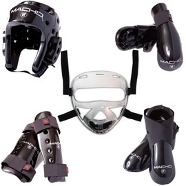 Macho Dyna 8 Piece Sparring Gear Set with shin Guards and face Shield Black Child Medium