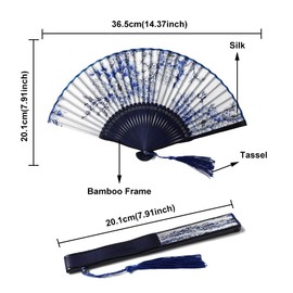 Royal Hong Beauty Pretty Tea Party Bamboo Fans, Handheld Folding Silk Hand Fan, Decorative Chinese Hand Held Folding Fans, Foldable Handheld Fan for Women-Blue and White Porcelain Fans-BLue