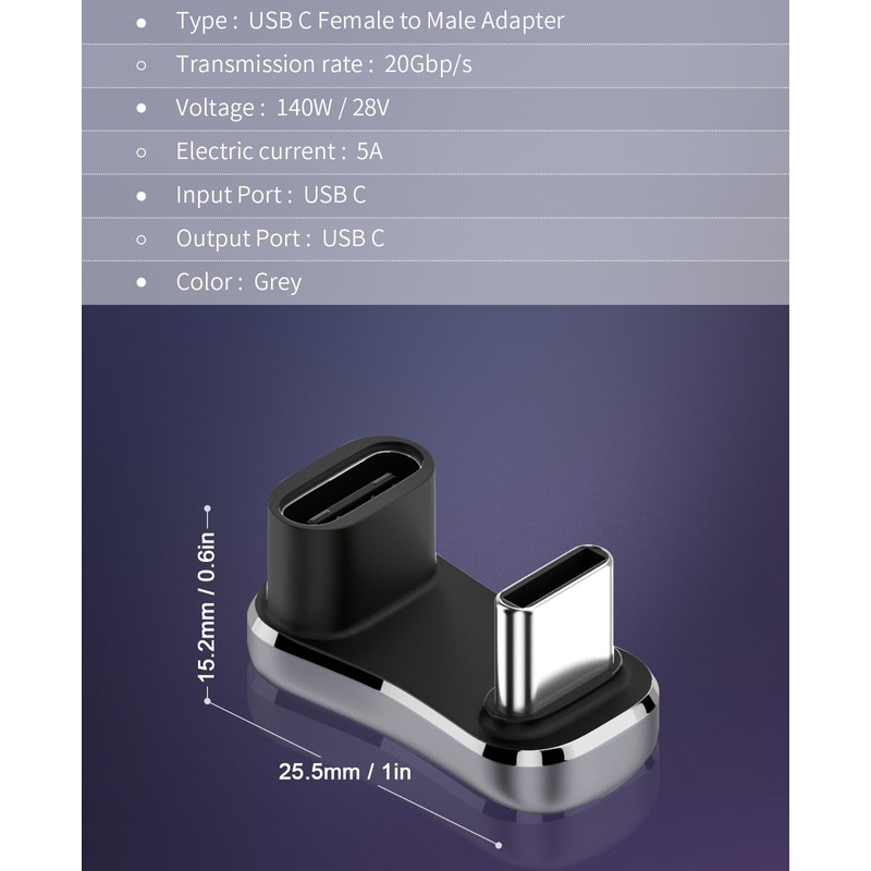 Duttek USB C 180 Degree Adapter 140W, U-Shaped USB C