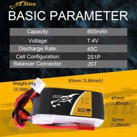 TATTU 800mAh 7.4V 45C 2S1P LiPo Battery Pack with JST-SYP Plug for Small Size FPV Torrent 110