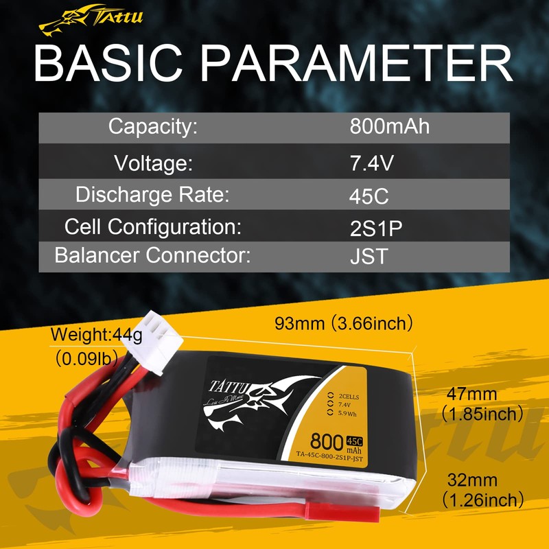 TATTU 800mAh 7.4V 45C 2S1P LiPo Battery Pack with JST-SYP