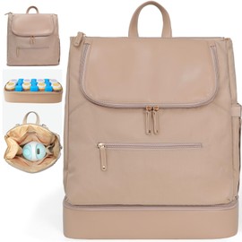 MOMINSIDE Diaper Bag Backpack - Large Baby Diaper Bag with 14 Pocket, Leather & Nylon Travel Diaper Backpack for Mom, Breast Pump Bag, Removable Cooler Compartment, Double Layer, Khaki