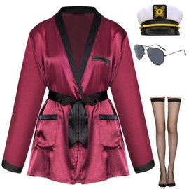 Maazusa Women Red Silk Robe jacket and Black Pants, Hugh Hefner Captain Costume Set Smoking jacket Including Captain Hat (S)