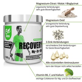 BeGreen Recovery | 4 der besten Magnesium-Verbindungen | 3 Zink-Verbindungen | Alle essentiellen Aminosäuren (EAA) | Geschmack saurer Apfel