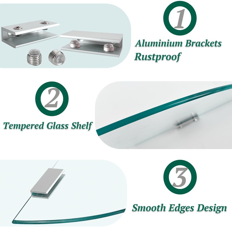 SYLXTEEM 2-Pack Glass Corner Shower Shelves with Aluminium Brackets, 9.8
