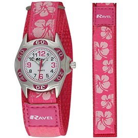 Ravel Girl's Hibiscus Flower Patterned Easy Fasten Strap Watch - Pink