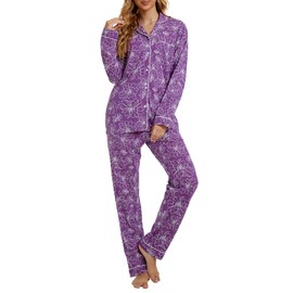 Tugege Pajamas Set Long Sleeve Sleepwear Womens Button Down Nightwear Pj Sets (Purple Peony, X-Large)