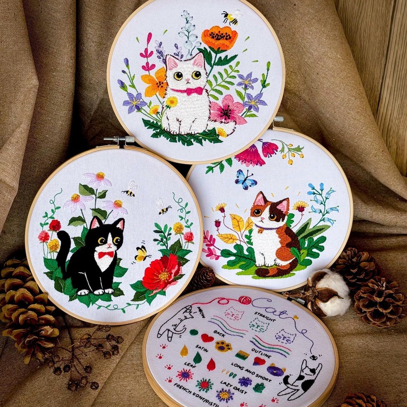 4-Piece Cat Embroidery Kit for Beginners, Needle Point Kit Adults