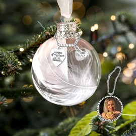 Clear Christmas Memorial Ornament Feather Ball with Photo Frame A Piece of My Heart is in Heaven Loving Memory of Brother Sympathy Gifts with Silk Ribbon & Red Gift Box