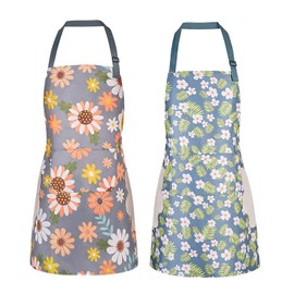DILLMAN 2 Pack Floral Aprons with Pocket, Blooming Womens Aprons Waterproof Adjustable Cooking Aprons for Kitchen Gardening and Salon (2Pack #C)