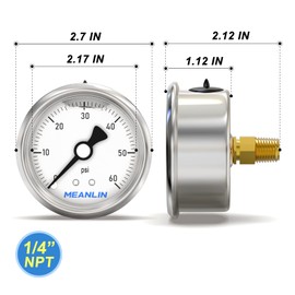MEANLIN MEASURE 0~60Psi Stainless Steel 1/4" NPT 2.5" Single Scale FACE DIAL, Glycerin Filled Pressure Gauge, Pool Sand Filter, Back Mount, with 1/4" x 1/2" NPT and 1/4" x 3/8" NPT Hex Bushing