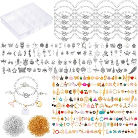 Riceshoot 321 Pcs Charm Bracelet Making Kit Bracelet Chains with OT Toggle Clasp Gold Enamel Pendants Mixed Tibetan Silver Plastic Storage Box and Open Jump Rings for Women DIY Jewelry Making