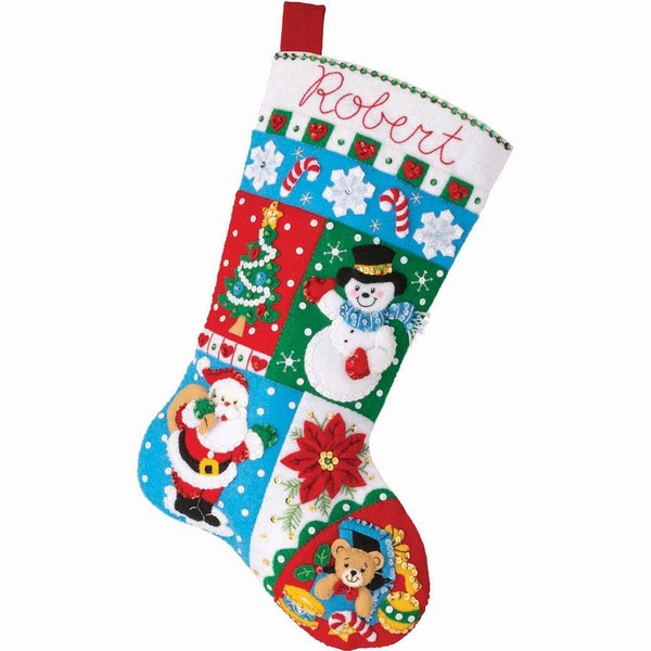 Bucilla, Holiday Patchwork, Felt Applique 18" Stocking Making Kit, Perfect for DIY Arts and Crafts, 89604E