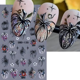 Halloween Nail Art Stickers, Halloween Pumpkin Nail Decals 3D Embossed with Grass Flowers Star Design 2PCS Pumpkin Nail Art Supplies for Women Decoration