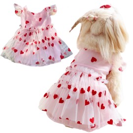Yaopelky Cute Dog Dresses Princess Heart Flower Pet Clothing for Cats Small Medium Dogs Breathable Puppy Tulle Dress Pet Outfit for Yorkie Teddy Chihuahua Clothes (Pink-Heart, S(1.5-2.5kg))