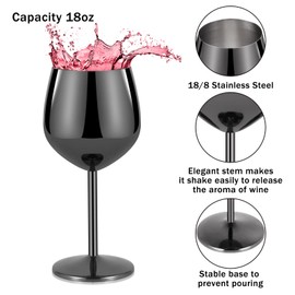 Lifecapido Stainless Steel Wine Glasses Set of 2, 18oz Stainless Steel Wine Goblets, Stemmed Metal Wine Glasses with Cup Brush for Office Party Anniversary, Great for Red White Wine (Grey Black)