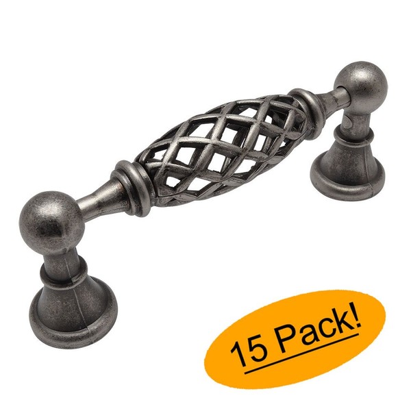 15 Pack - Cosmas 1749-96WN Weathered Nickel Cabinet Hardware Furniture Birdcage Handle Pull - 3-3/4" (96mm) Hole Centers
