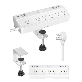 Desk Clamp Power Strip, 40W Fast Charging Station, Desktop Mount Surge Protect with 6 Outlets 6USB Ports (2USB C), Removable Power Strip Fits 1.8" Tabletop Edge, 10Ft Extension Cord for Home Office