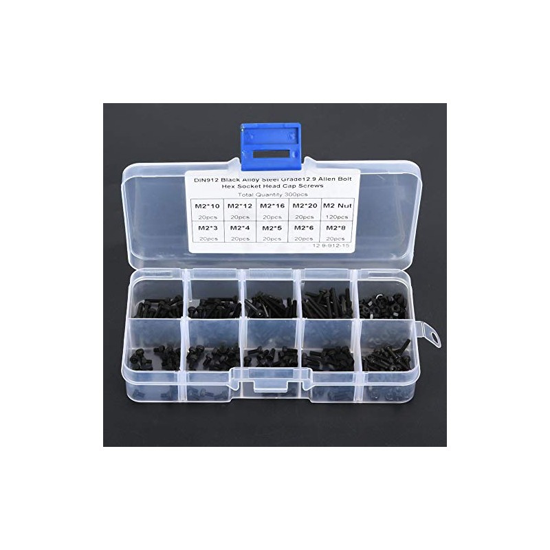 300pcs M2 x 3-20mm 12.9 Grado Hexagonal Negro Tornillo Tornillo