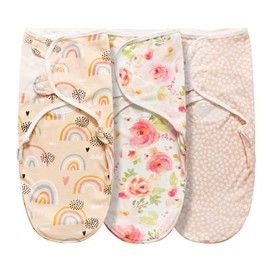 Little Tots Swaddle Blanket for Baby Girl Boy Easy Change Infant Wrap 3 Pack Adjustable Sleep Sack for Newborn Babies 0-3 Month (Rainbow and Flowers)