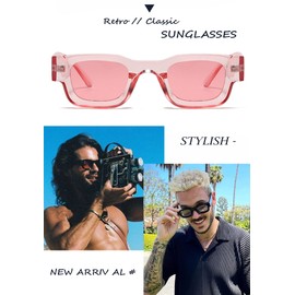 Teumire Retro Rectangle Polarized Sunglasses for Small Face Women Men Chunky Square Thick Frame Glasses UV400 Protection(Transparent Pink/Pink)