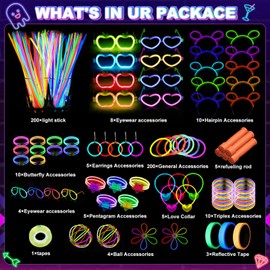 Glow in the Dark Party Supplies for Kids Adults birthdays,Light Up Party Favors with，200 Glow Sticks Bulk，DIY Glow Necklaces Glasses Bracelets Headband, Reflective Tape，Neon Party Supplies accessories
