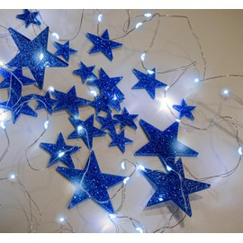 Vase Pearlfection 50 Floating Stars Glitter Blue- Large- 3 White Submersible LED Fairy Lights Strings, Hidable Submersible Batteries- 1 Gallon of Transparent Water Gels for Your Vases