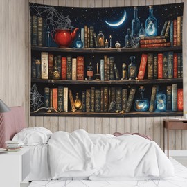 LB Fantasy Bookshelf Tapestry, Horror Spider and Vintage Book with Moon Wall Tapestry for Bedroom Aesthetic, Trippy Galaxy Wall Art for Living Room Dorm Home Decor Ready to Hanging, 60 x 40 Inches