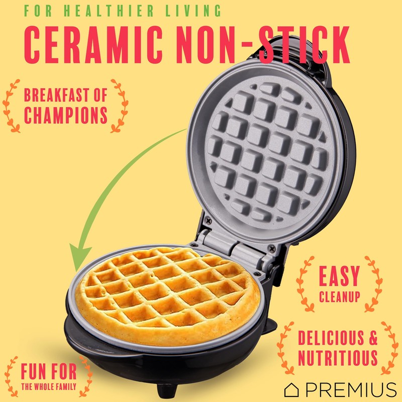 PREMIUS Ceramic Nonstick Mini Snack Waffle Maker, 4” Mold, Quick