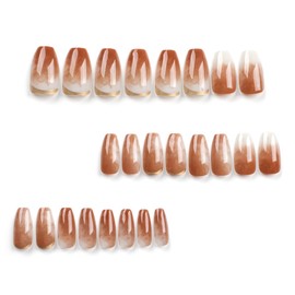 Brwon Press on Nails Medium Ballerina Fake Nails Fall Winter False Nails Press ons with Marble Design Reusable Artificial Nail Full Cover Glossy Glue on Nail Stick on Nails for Women Manicure 24 Pcs